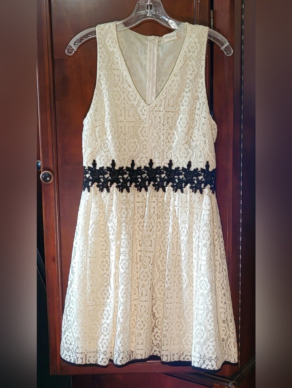 Altar'd State Cream Lace Mini Dress with Black Waist Appliqué